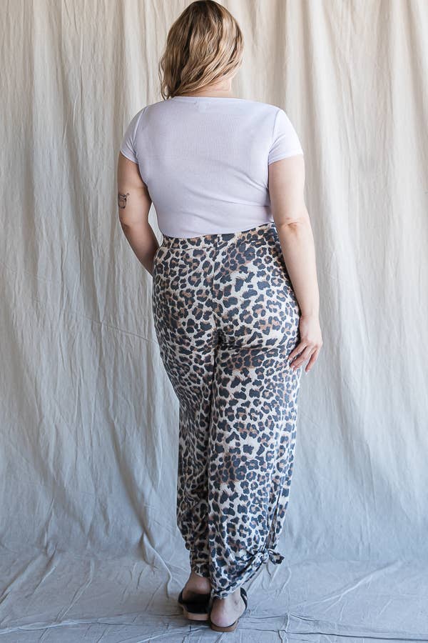 Plus Size- Leopard Print Side Slit Ankle Tie Pants - detail view | Bleacher Babe