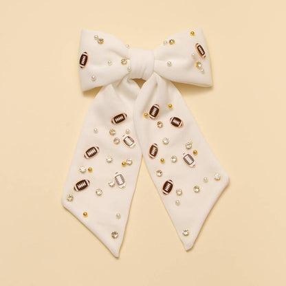 Football Charm Crystal Pearl Embellished Bow Barrette