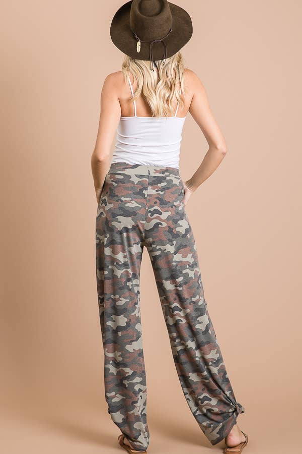 Camo Print Split Side Ankle Tie Women's Casual Pants - detail view | Bleacher Babe