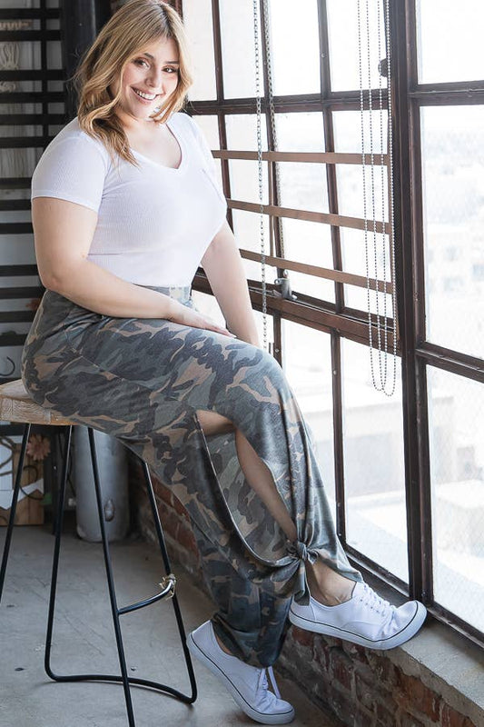 Camo Print Plus-Size Women's Pants - front view | Bleacher Babe