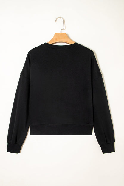 Classy Until Kickoff -- Plush Letter Patch Loose Sweatshirt in Black