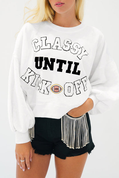 Classy Until Kickoff -- Plush Letter Patch Loose Sweatshirt in Black