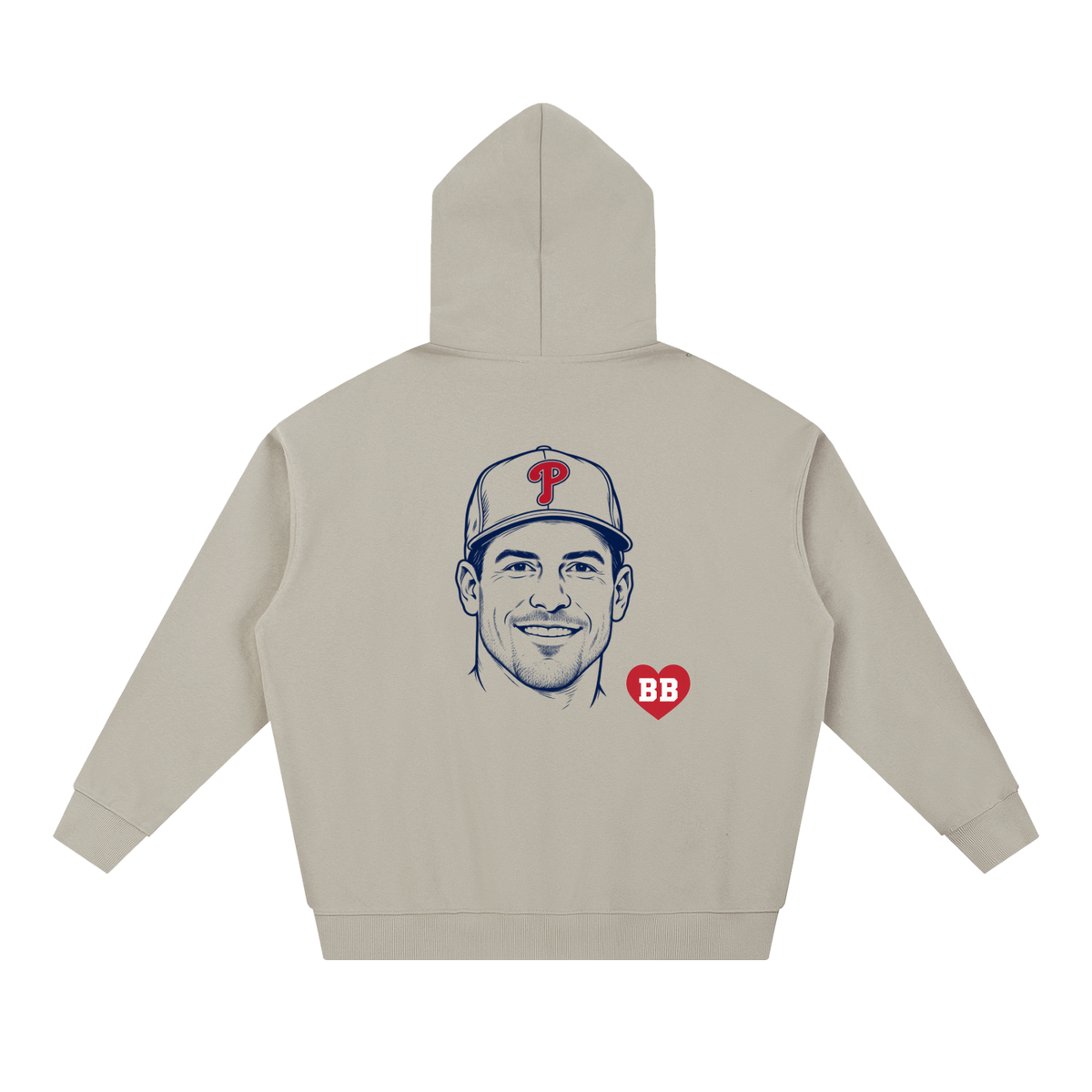 Back of the Here for the Catcher hoodie with catcher portrait and Bleacher Babe red heart