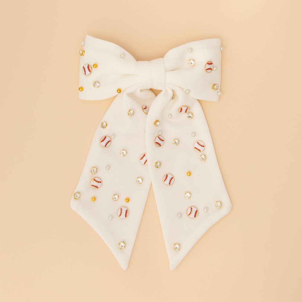 Game Day Jeweled Baseball Bow Barrette Hair Clip