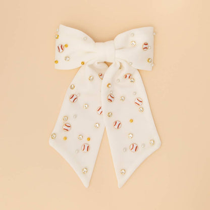 Game Day Jeweled Baseball Bow Barrette Hair Clip