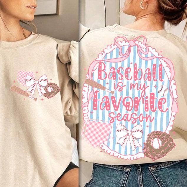 Two women wearing Baseball Is My Favorite Season sweatshirts in natural/beige – front and back view of baseball bow graphic