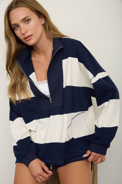 Babe in Stripes Half Zip Knit Top, womens wide stripe mock neck sweater for game day, view 6