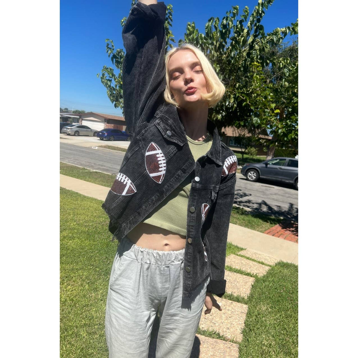 Black football sequin corduroy shacket, cropped relaxed fit