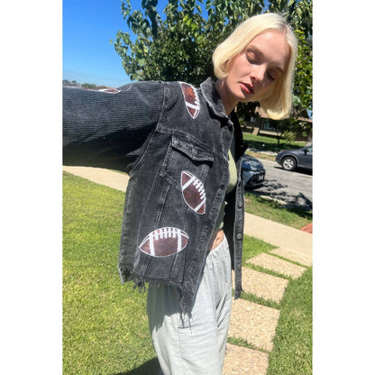 Black sequin football jacket in cotton corduroy, tailgate and bleacher style