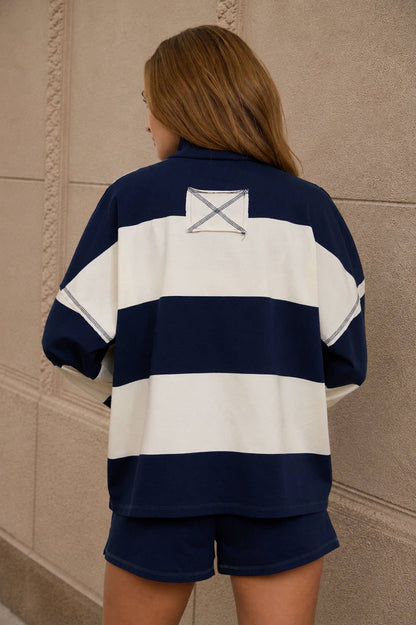 Babe in Stripes Half Zip Knit Top, womens wide stripe mock neck sweater for game day, view 3