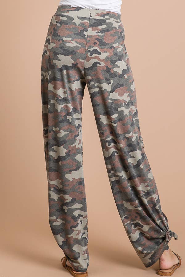 Camo Print Split Side Ankle Tie Women's Casual Pants - detail view | Bleacher Babe