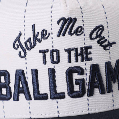 Take Me Out to the Ballgame Pinstripe Trucker Hat - back view | Bleacher Babe
