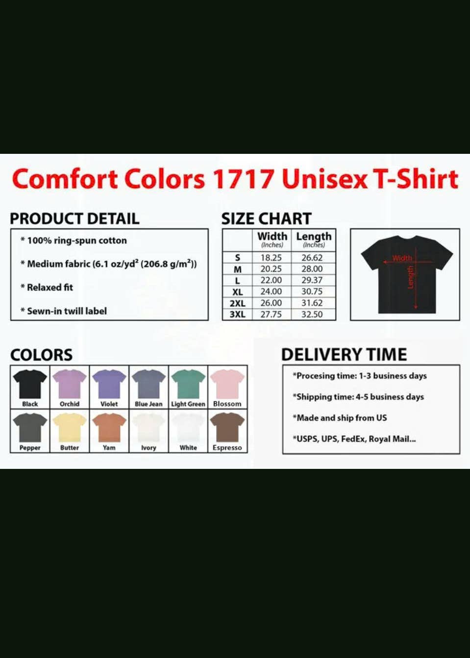 Comfort Colors 1717 unisex t shirt size chart and color options