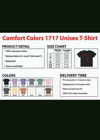Comfort Colors 1717 unisex t shirt size chart and color options