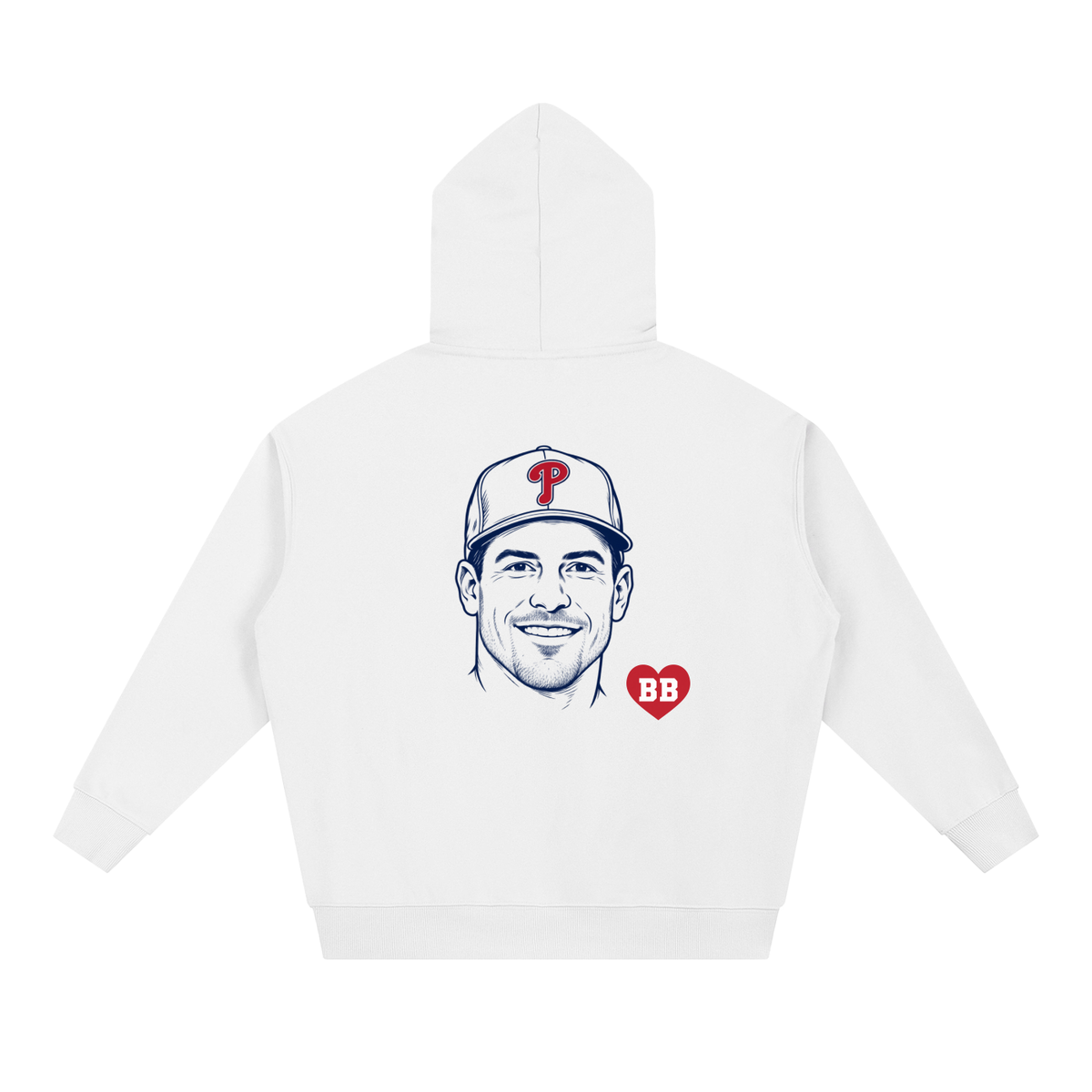 Back of the Here for the Catcher hoodie with catcher portrait and Bleacher Babe red heart