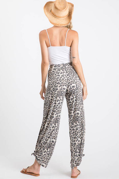 Leopard Print Lightweight Split Side Ankle Tie Pants - detail view | Bleacher Babe