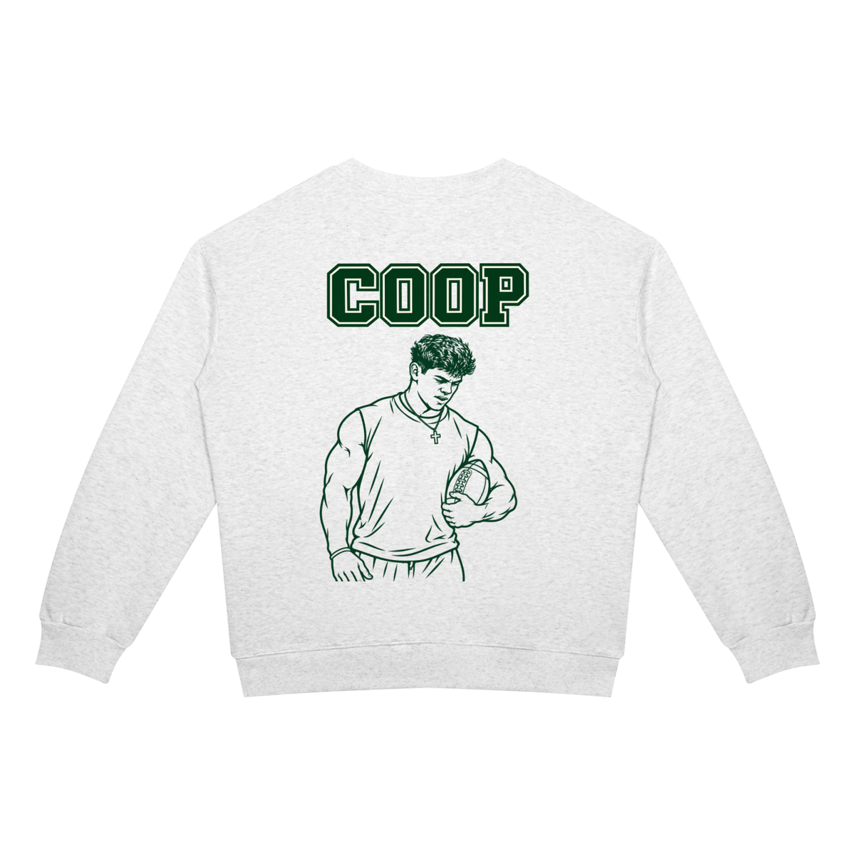 Emotionally Invested crewneck in oat gray, back with COOP and a sketched football player