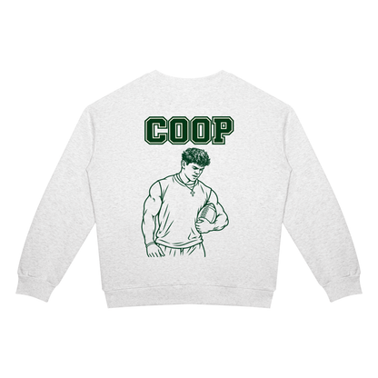Emotionally Invested crewneck in oat gray, back with COOP and a sketched football player