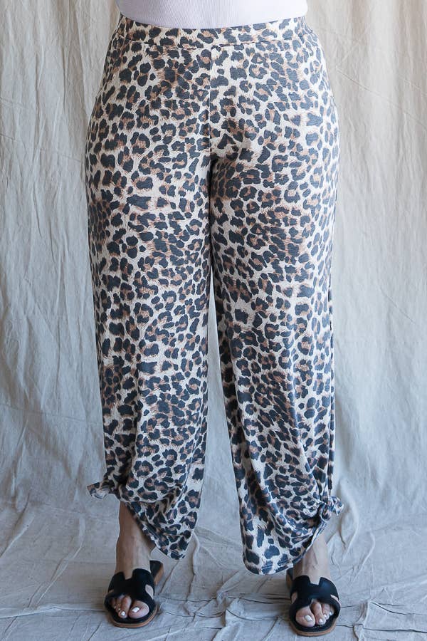 Plus Size- Leopard Print Side Slit Ankle Tie Pants - detail view | Bleacher Babe