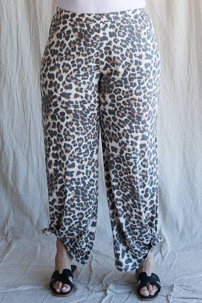 Plus Size- Leopard Print Side Slit Ankle Tie Pants - detail view | Bleacher Babe