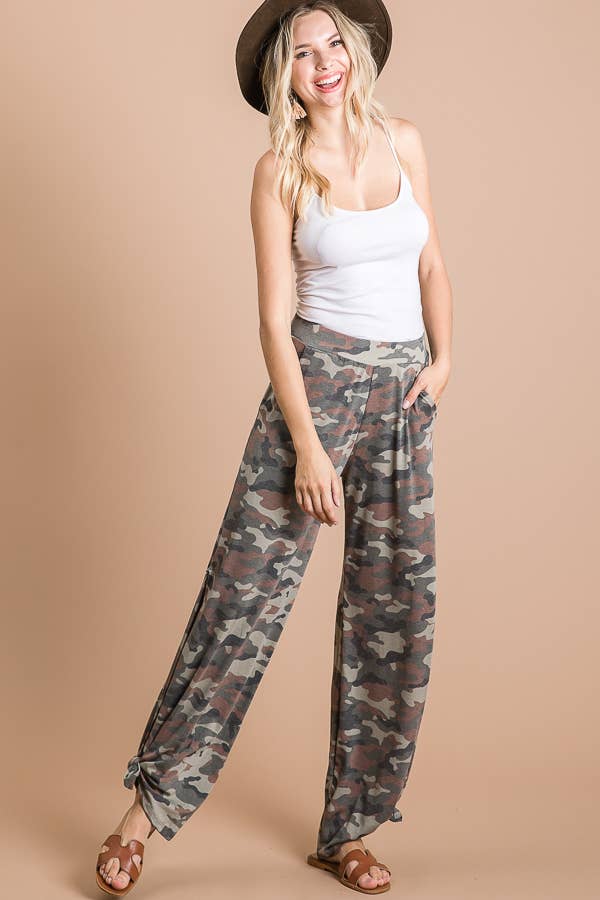 Camo Print Split Side Ankle Tie Women's Casual Pants - detail view | Bleacher Babe