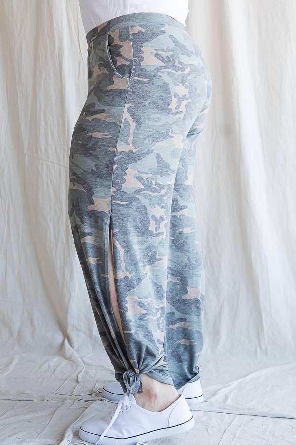 Camo Print Plus-Size Women's Pants - close-up detail | Bleacher Babe
