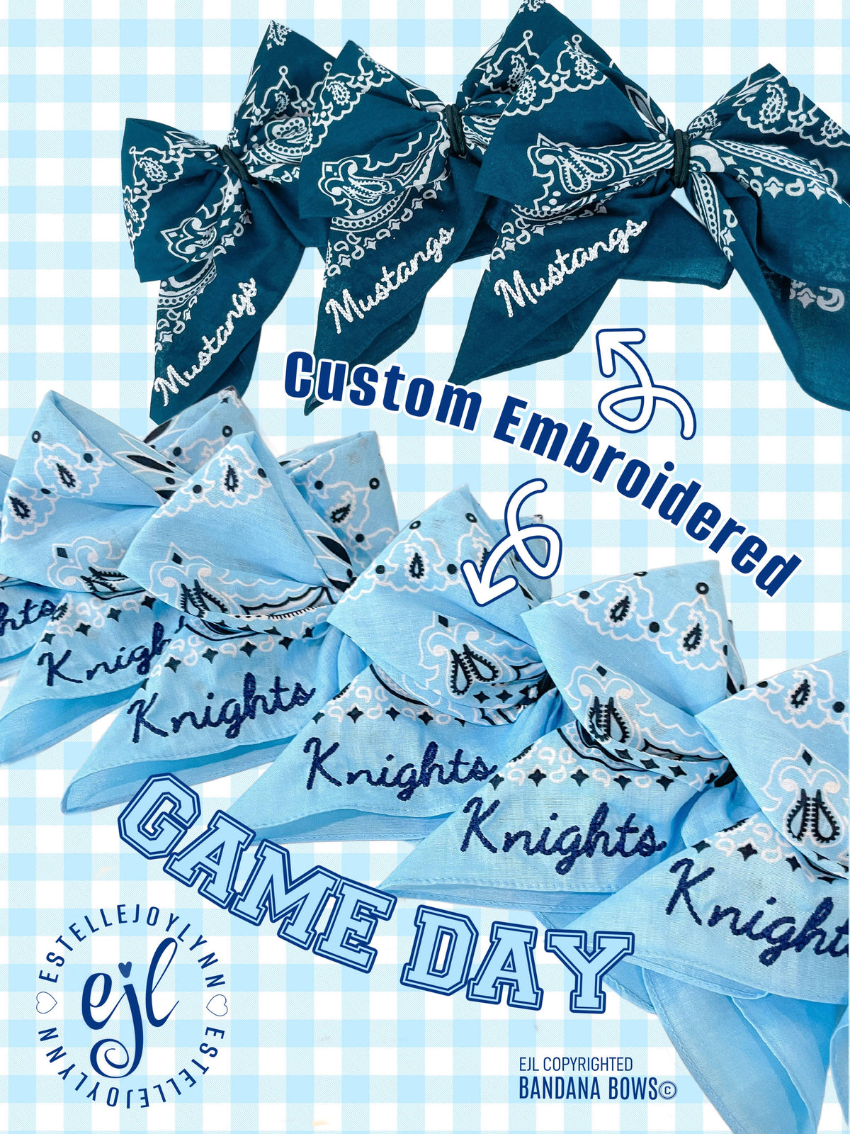 Bandana Bows Barrette CUSTOM Embroidered School Spirit
