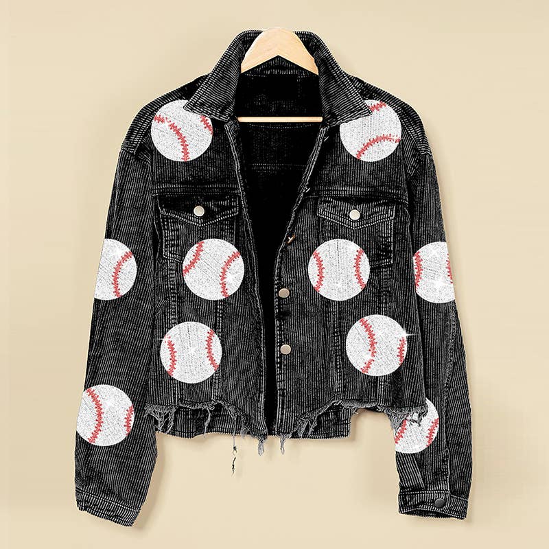 Lapel Corduroy Baseball Sequined Jacket - front view | Bleacher Babe