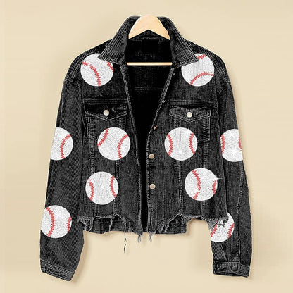 Lapel Corduroy Baseball Sequined Jacket - front view | Bleacher Babe