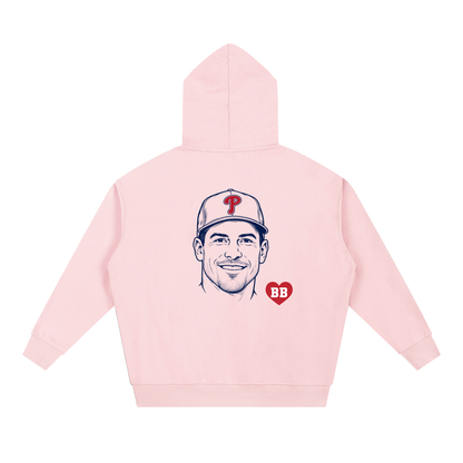 Back of the Here for the Catcher hoodie with catcher portrait and Bleacher Babe red heart