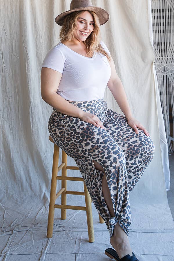 Plus Size- Leopard Print Side Slit Ankle Tie Pants - front view | Bleacher Babe