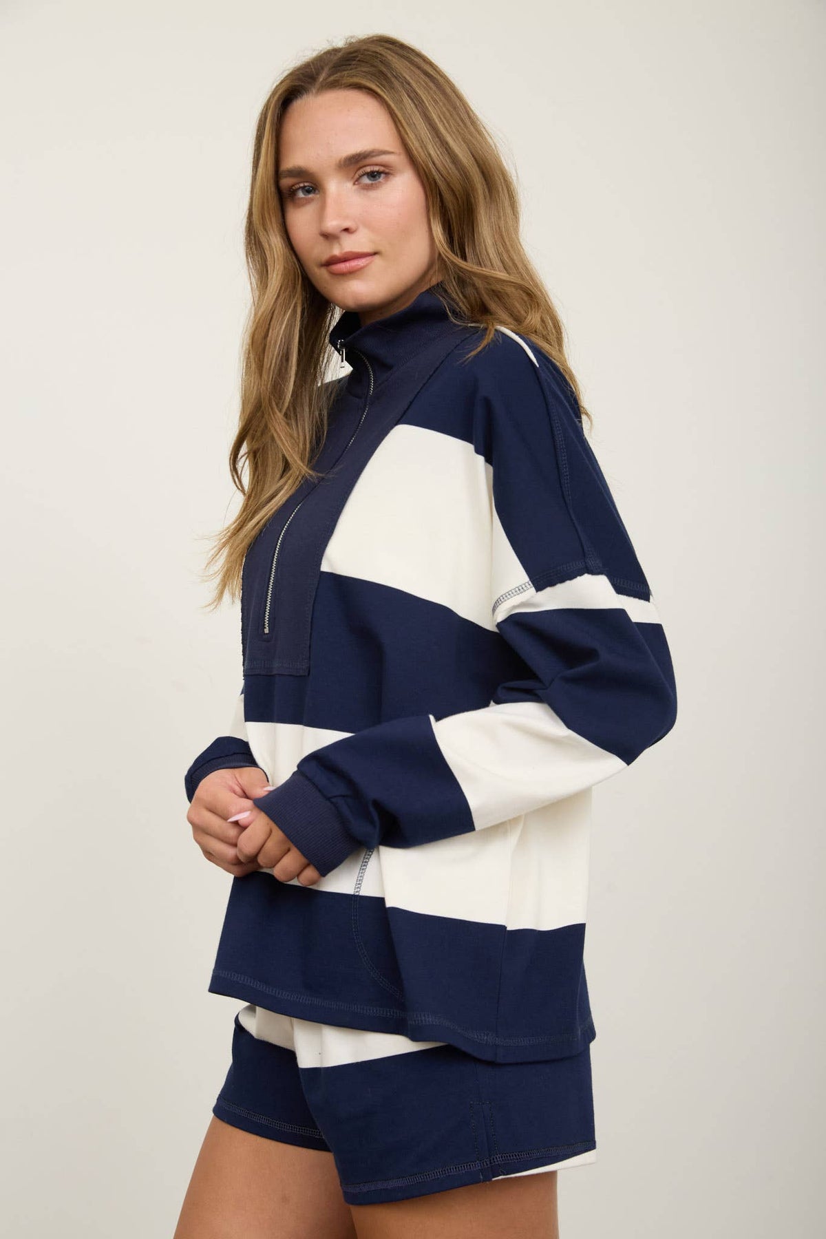 Babe in Stripes Half Zip Knit Top, womens wide stripe mock neck sweater for game day, view 5