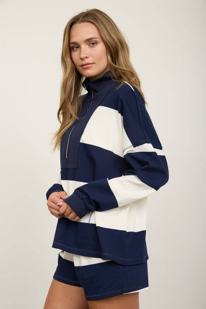 Babe in Stripes Half Zip Knit Top, womens wide stripe mock neck sweater for game day, view 5