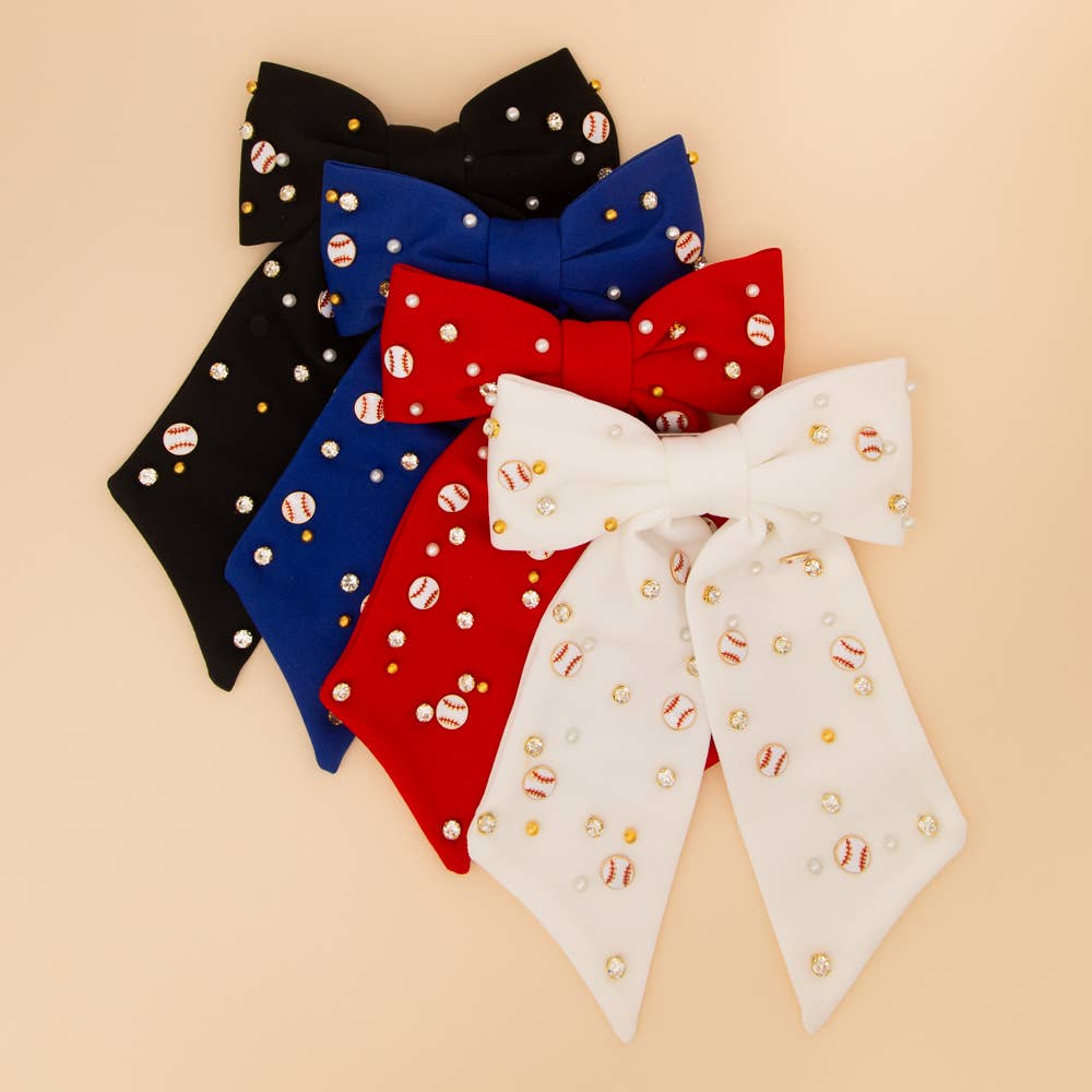 Game Day Jeweled Baseball Bow Barrette Hair Clip