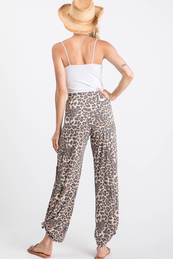 Leopard Print Lightweight Split Side Ankle Tie Pants - detail view | Bleacher Babe