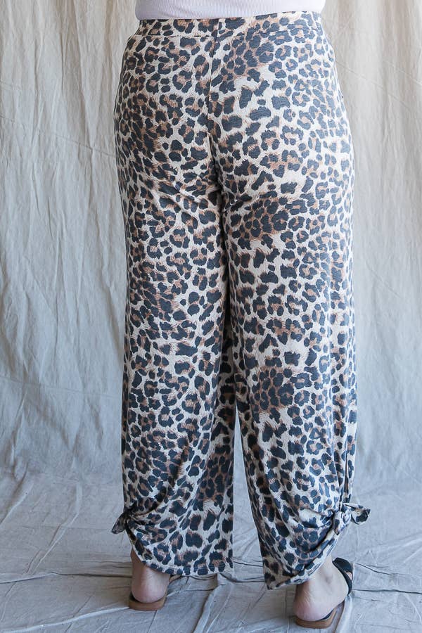 Plus Size- Leopard Print Side Slit Ankle Tie Pants - detail view | Bleacher Babe