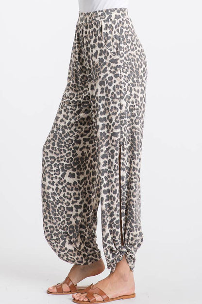 Leopard Print Lightweight Split Side Ankle Tie Pants - detail view | Bleacher Babe