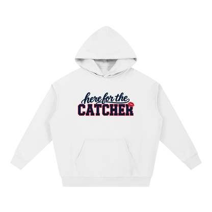 Here for the Catcher unisex hoodie in white, Philly baseball game day sweatshirt by Bleacher Babe