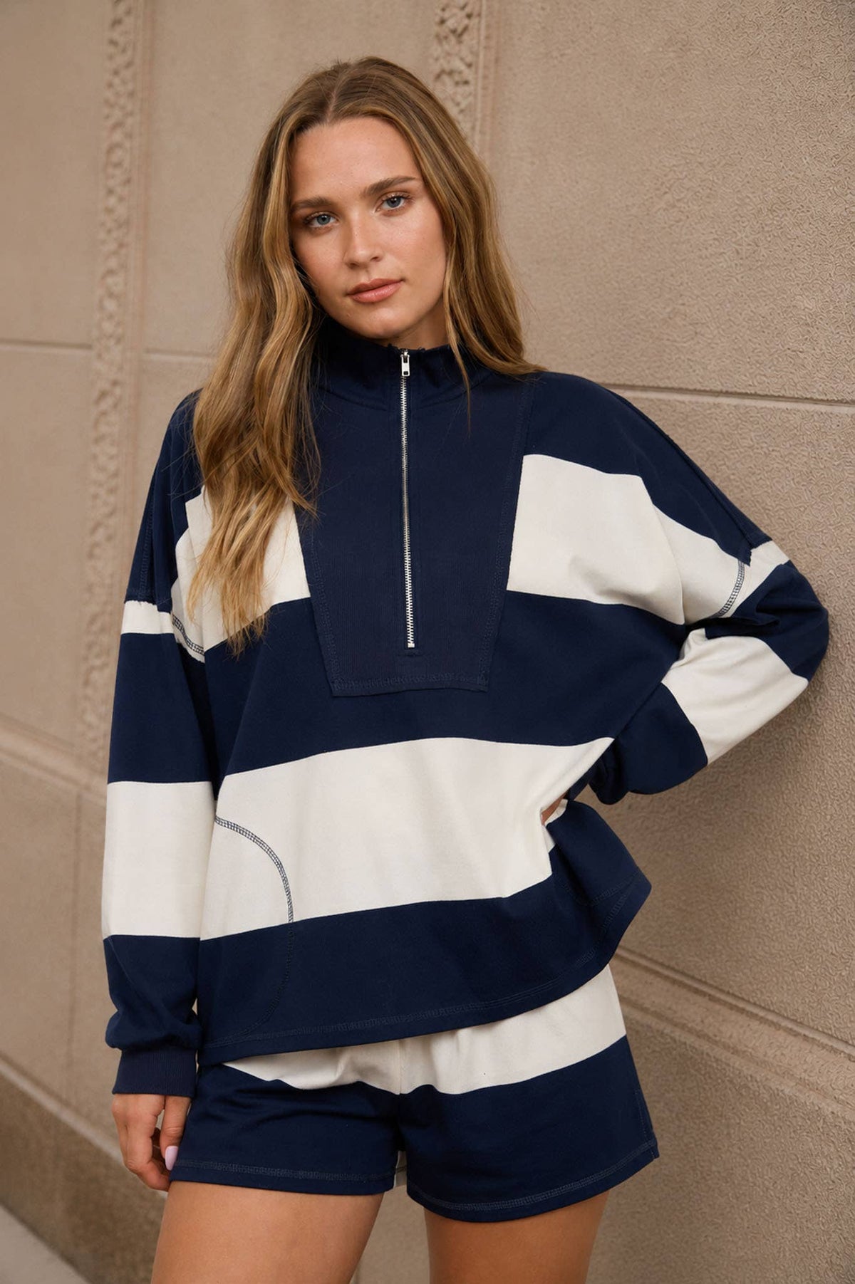 Babe in Stripes Half Zip Knit Top, womens wide stripe mock neck sweater for game day, view 4