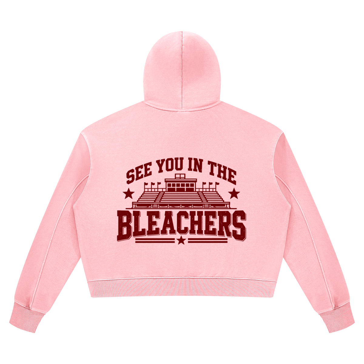 Back of pink Bleacher Babe cropped hoodie with See You in the Bleachers stadium graphic