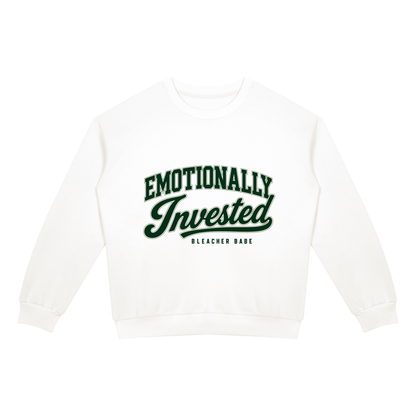 Emotionally Invested football crewneck sweatshirt in white, front