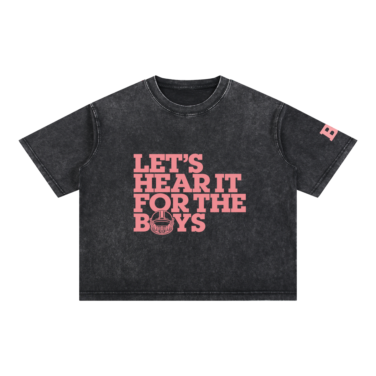 Black mineral wash tee with pink Let's Hear It for the Boys football helmet graphic, front view