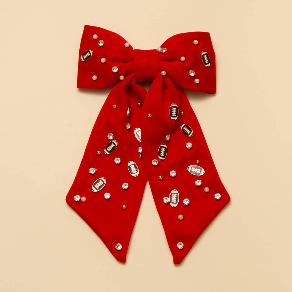 Football Charm Crystal Pearl Embellished Bow Barrette