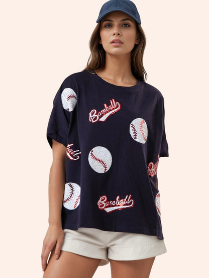 Baseball Graphic Round Neck Half Sleeve Tee — Women's Game Day Baseball Shirt