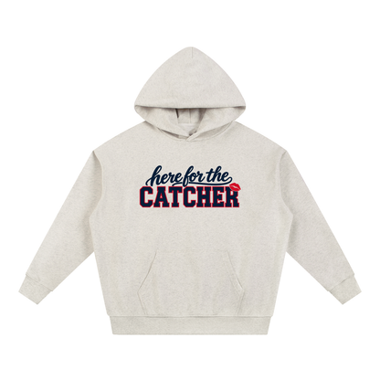 Here for the Catcher unisex hoodie in oat gray, Philly baseball game day sweatshirt by Bleacher Babe