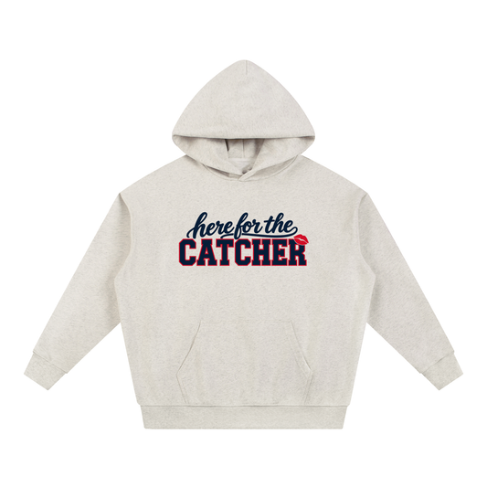 Here for the Catcher unisex hoodie in oat gray, Philly baseball game day sweatshirt by Bleacher Babe