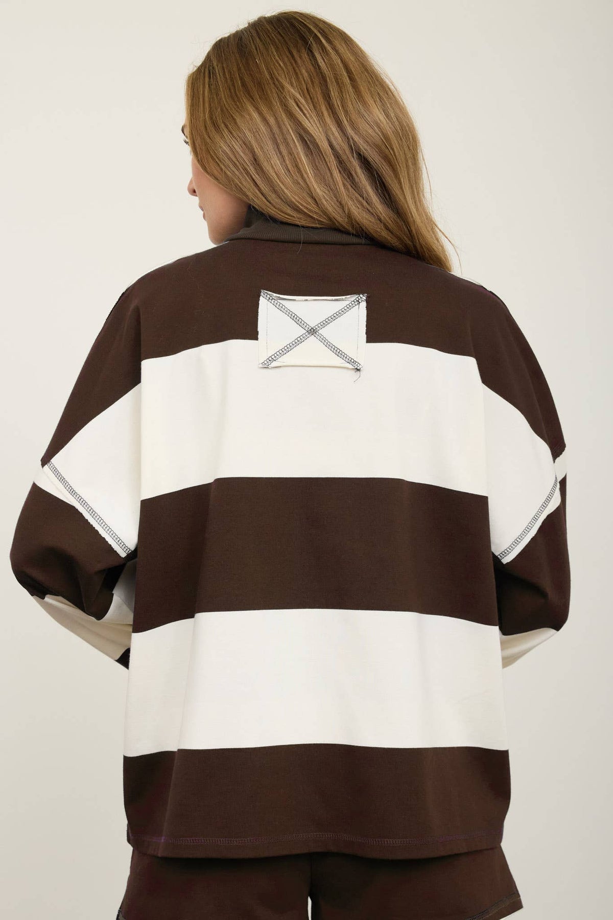 Babe in Stripes Half Zip Knit Top, womens wide stripe mock neck sweater for game day, view 10