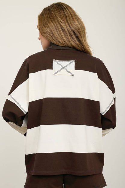 Babe in Stripes Half Zip Knit Top, womens wide stripe mock neck sweater for game day, view 10