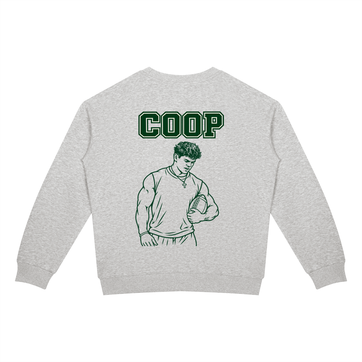 Emotionally Invested crewneck in flower gray, back with COOP and a sketched football player