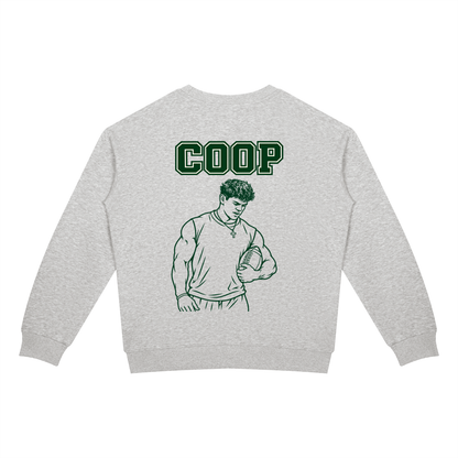 Emotionally Invested crewneck in flower gray, back with COOP and a sketched football player